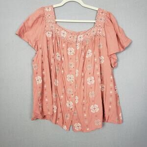 Torrid Size 2X Square Neck Embroidered Peasant Blouse Coral Pink Cottagecore